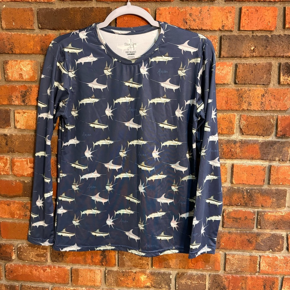 Sea Life womens performance long sleeve fishing beach shirt blue medium